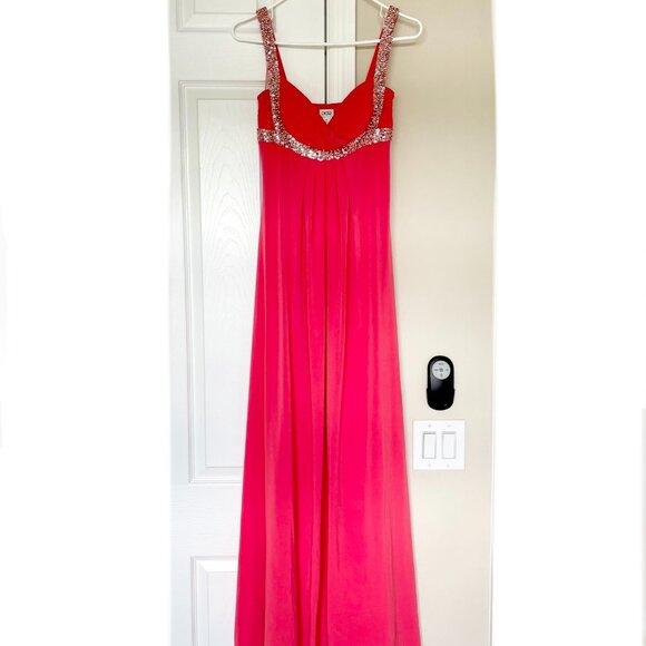 Cache Pink Dress Coral Beaded Sequin Silk Maxi Prom Dress Classic Elegance - Picture 2 of 13